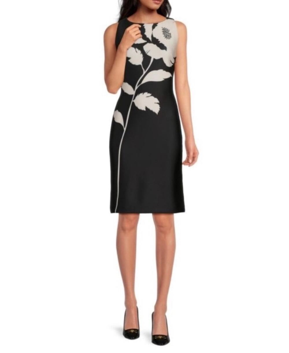 Halston Size 8 Sheath Mini Dress Black Flower Leaf Sleeveless Artsy Sleeveless